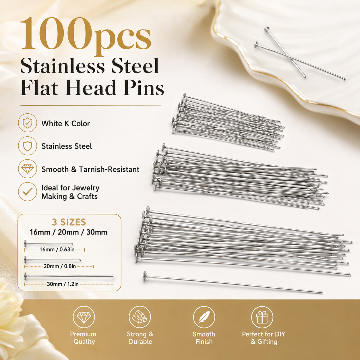 Jewelry Making Head Pins - 100Pcs Multi Size 16/20/30mm White K