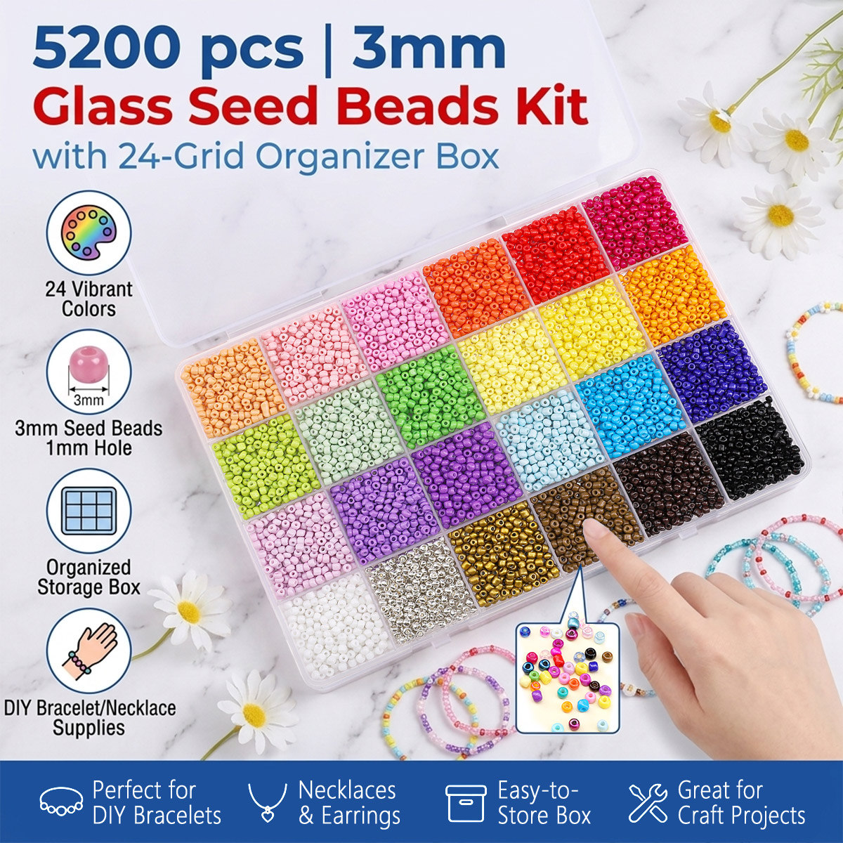 5200pcs 3mm Glass Seed Beads K - Bead Organizer Tray avis et prix
